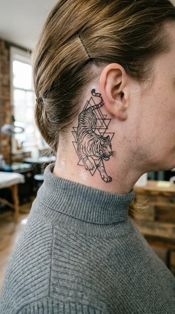 Black and grey linework tiger tattoo on a woman's neck, rendered with InkCraft