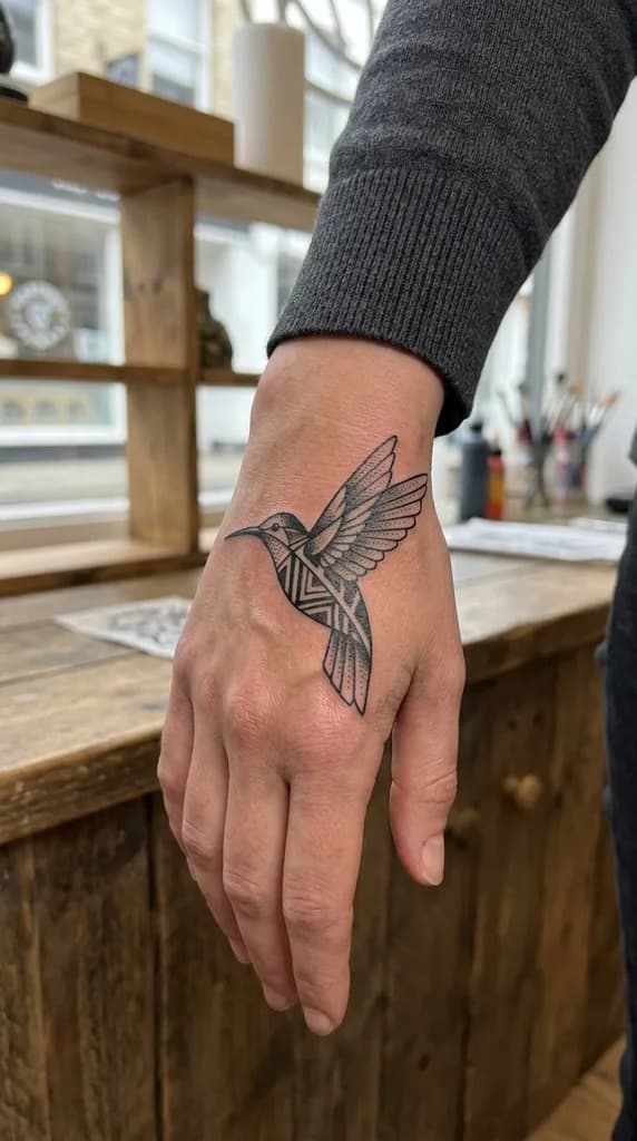 Black and grey blackwork hummingbird tattoo on a woman's hand, rendered with InkCraft