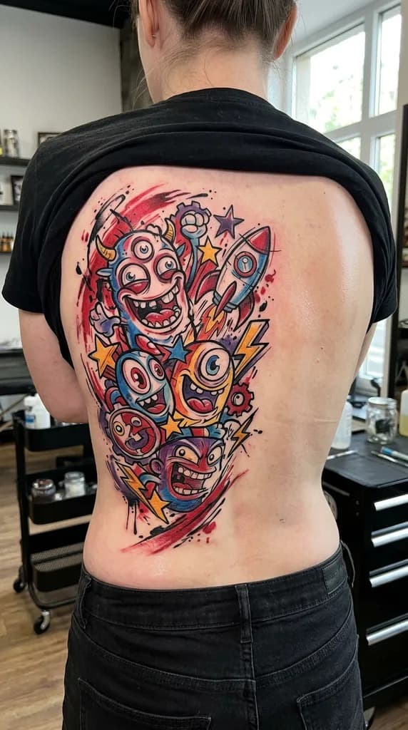 Colour new-school monsters tattoo on a woman's back, rendered with InkCraft