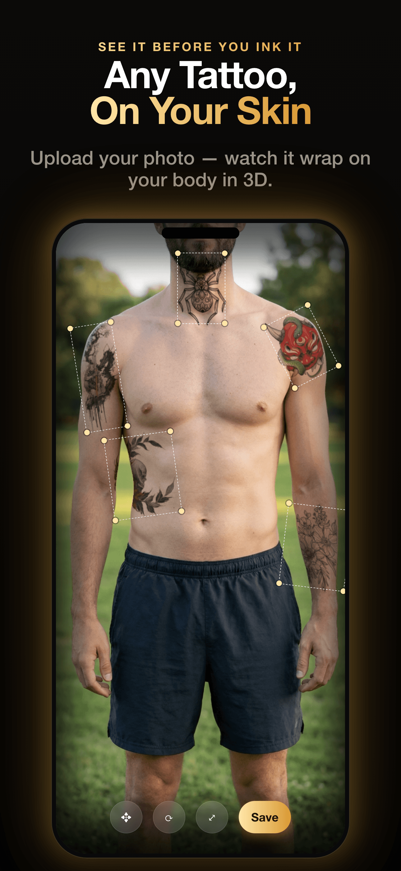 InkCraft screenshot, "Any Tattoo, On Your Skin": try-on editor placing a spider, mask, skull and florals on a man's body.