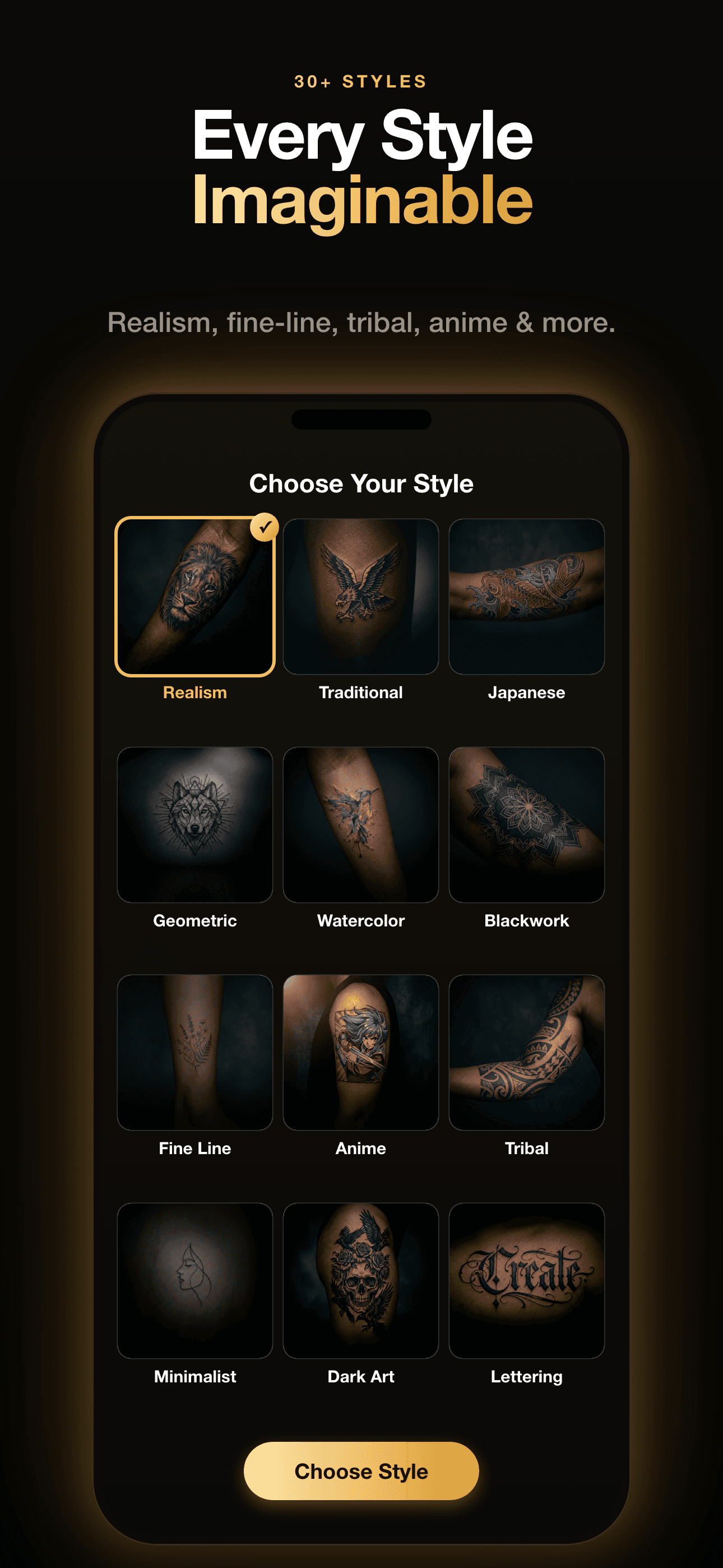 InkCraft screenshot, "Every Style Imaginable": Choose Your Style grid of twelve tattoo styles, with Realism selected.