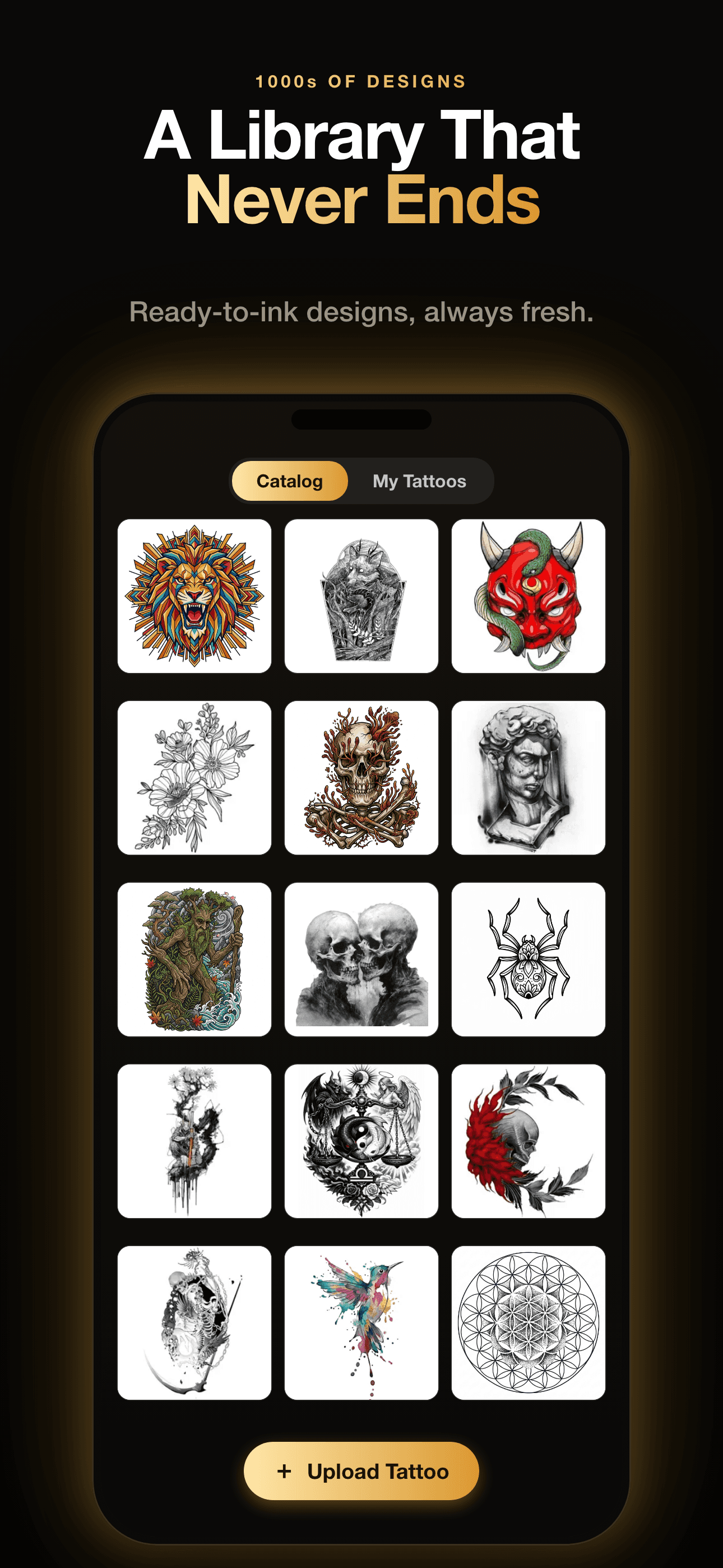 InkCraft screenshot, "A Library That Never Ends": Catalog tab grid of ready-to-ink designs, with an Upload Tattoo button.