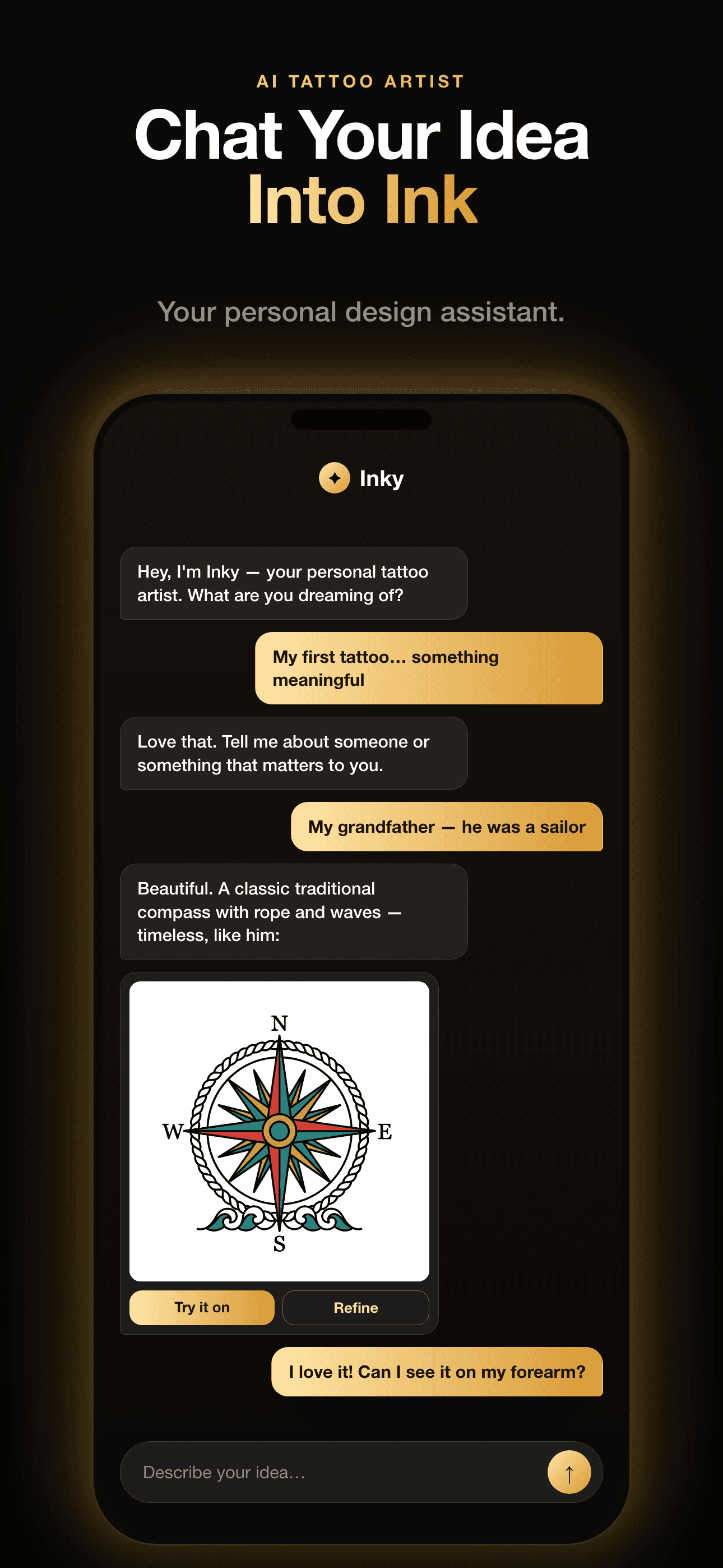 InkCraft screenshot, "Chat Your Idea Into Ink": chat with Inky turning a sailor grandfather story into a compass-rose design.