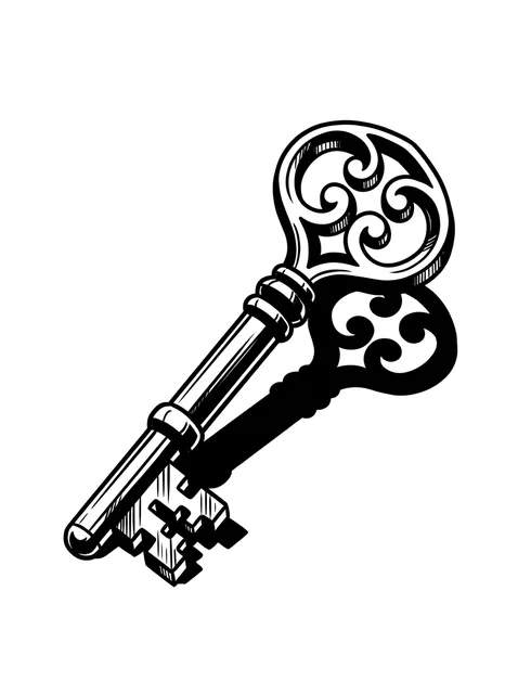 Black and white 3D key tattoo design