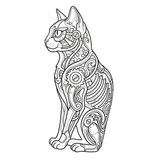 Black and grey biomechanical cat tattoo design: a cat in profile, sitting upright