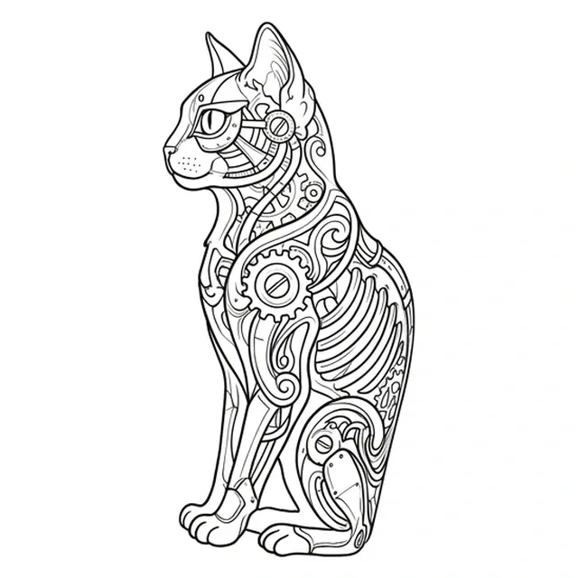 Black and grey biomechanical cat tattoo design: a cat in profile, sitting upright
