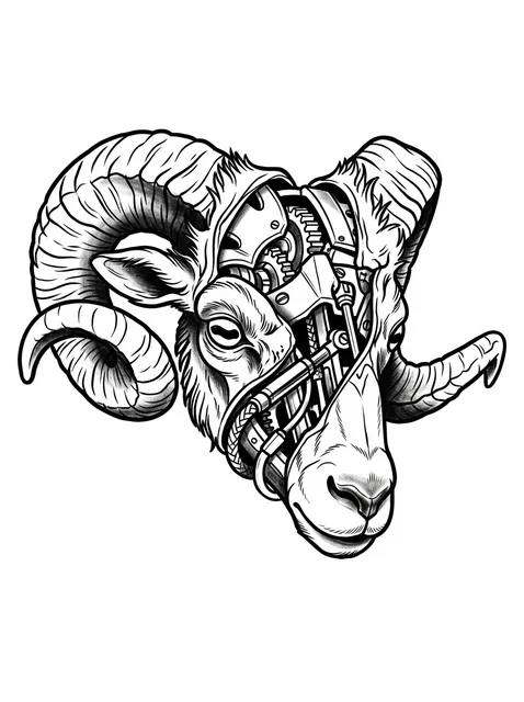 Black and grey biomechanical goat tattoo design: a ram's head with a biomechanical twist