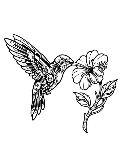 Black and white biomechanical hummingbird and flower tattoo design