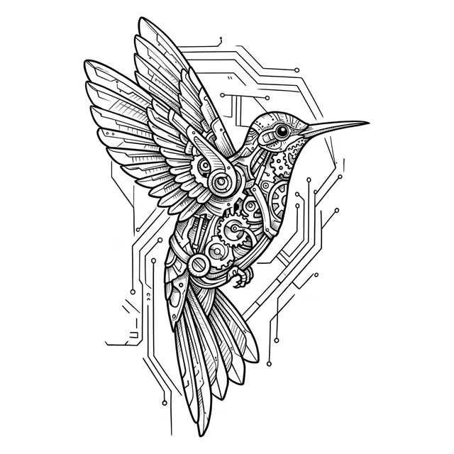 Black and white biomechanical hummingbird tattoo design