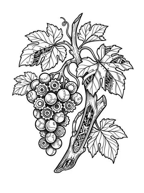 Black and grey biomechanical leaf and vine tattoo design: a cluster of grapes and vine leaves
