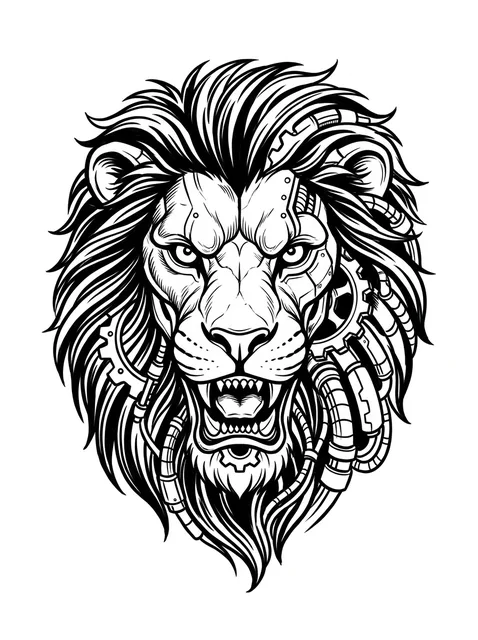 Black and white biomechanical lion tattoo design