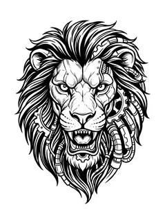 Black and white biomechanical lion tattoo design