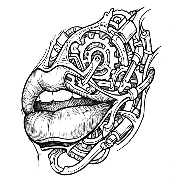 Black and white biomechanical lips tattoo design