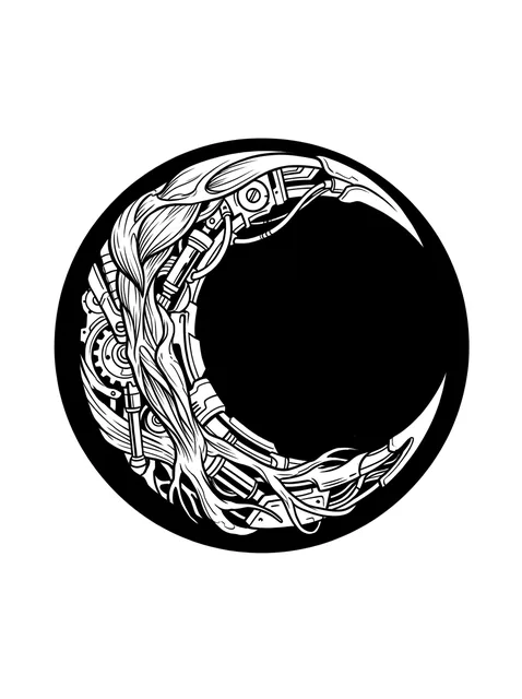 Black and grey biomechanical moon tattoo design: a crescent moon