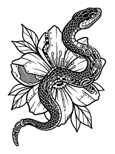 Black and grey biomechanical flower and snake tattoo design: a snake intertwined with a flower