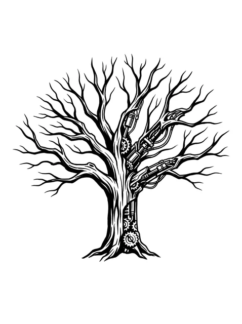 Black and white biomechanical tree tattoo design