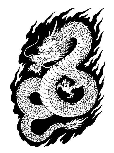 Black and white blackout dragon and fire tattoo design