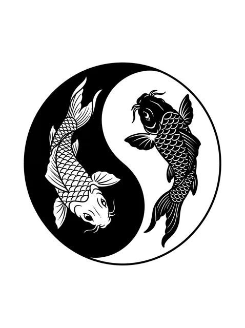 Black and white blackout koi and yin yang tattoo design