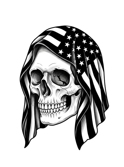 Black and white blackwork american flag and skull tattoo design
