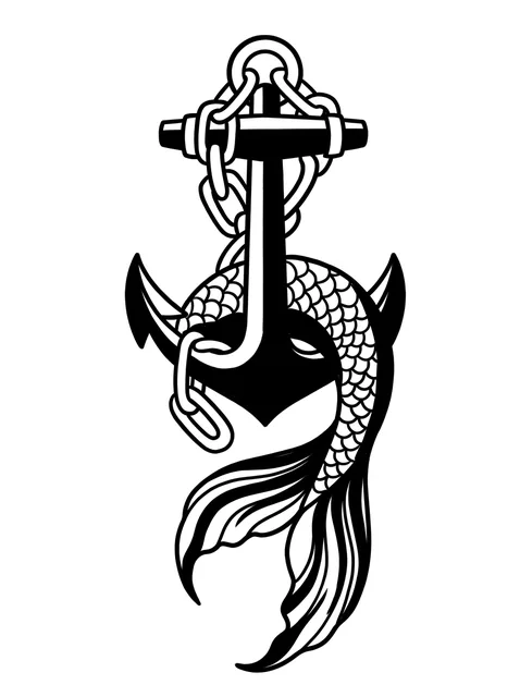 Black and white blackwork fish and anchor tattoo design