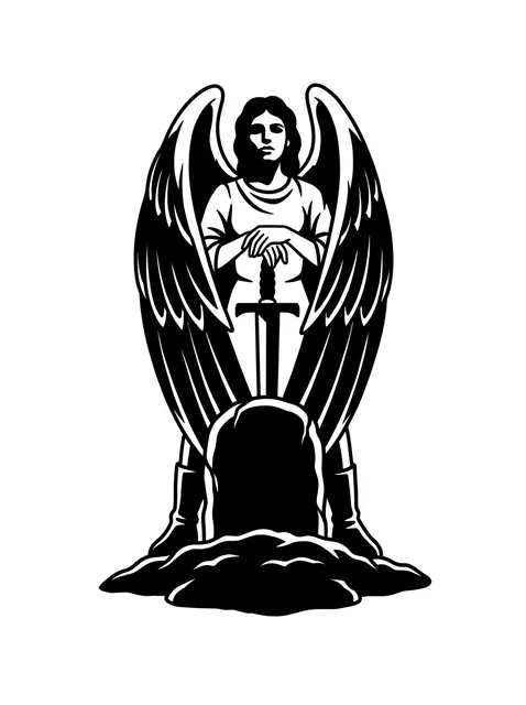 Black and white blackwork angel of death and sword tattoo design