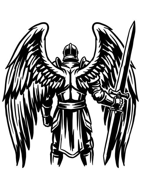 Black and white blackwork sword and archangel tattoo design