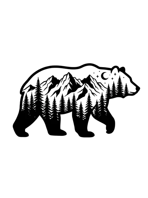 Black and white blackwork bear and mountain tattoo design
