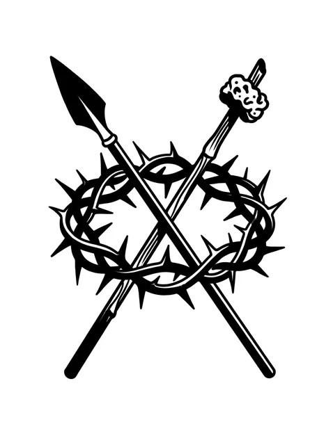 Black and white blackwork crown of thorns and lance tattoo design