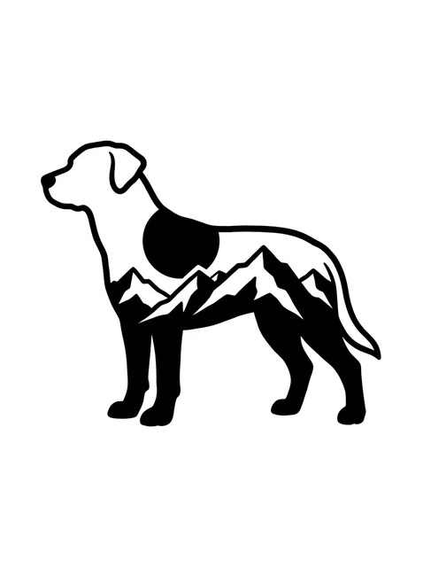 Black and white blackwork dog and mountain tattoo design: the silhouette of a dog