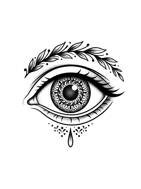 Black and white blackwork mandala and eye tattoo design: a stylized eye with a detailed mandala iris