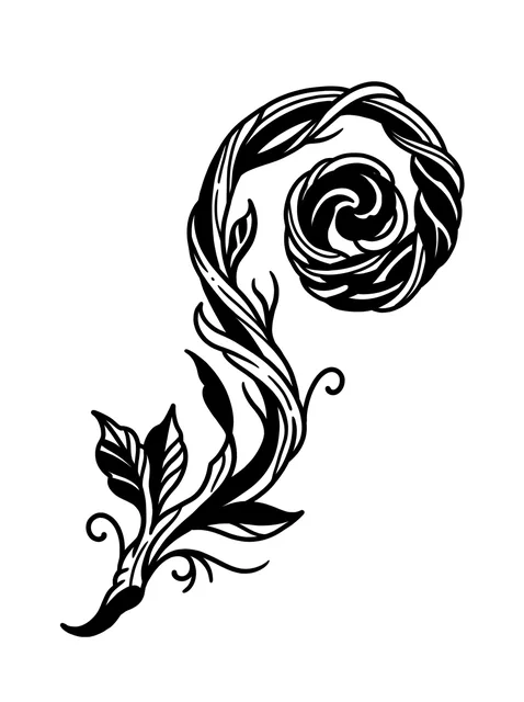 Black and white blackwork fern and leaf tattoo design: a stylized fern frond unfurling in a spiral