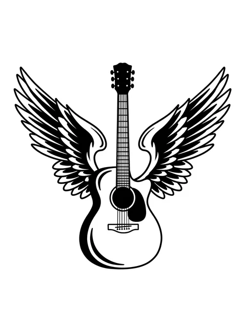 Black and white blackwork guitar and angel wings tattoo design