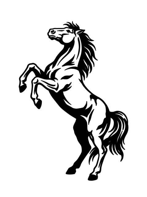 Black and white blackwork horse tattoo design: its forelegs raised and mane and tail flying