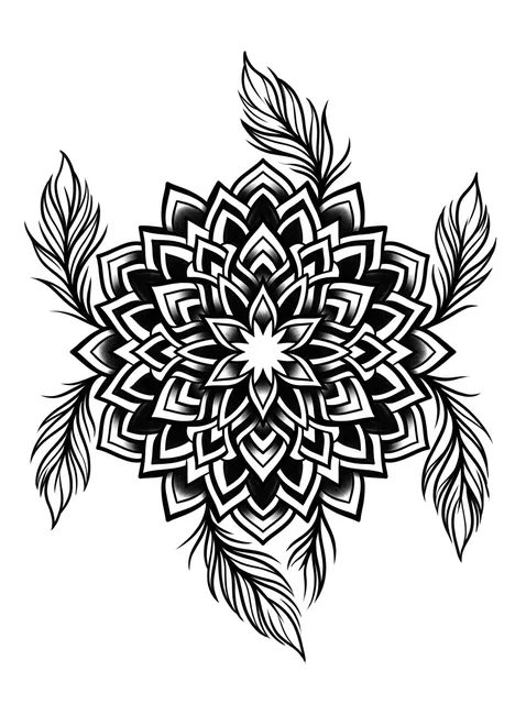 Black and white blackwork mandala and feather tattoo design