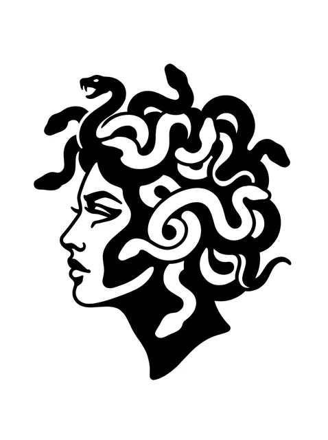 Black and white blackwork medusa and snake tattoo design