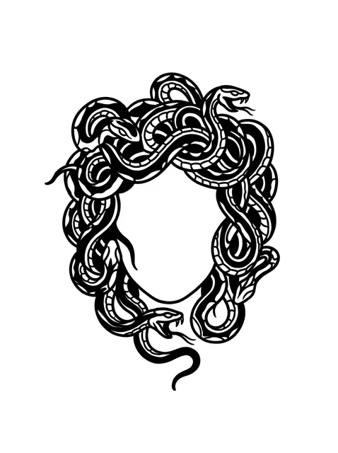 Black and white blackwork medusa and snake tattoo design: the head of Medusa
