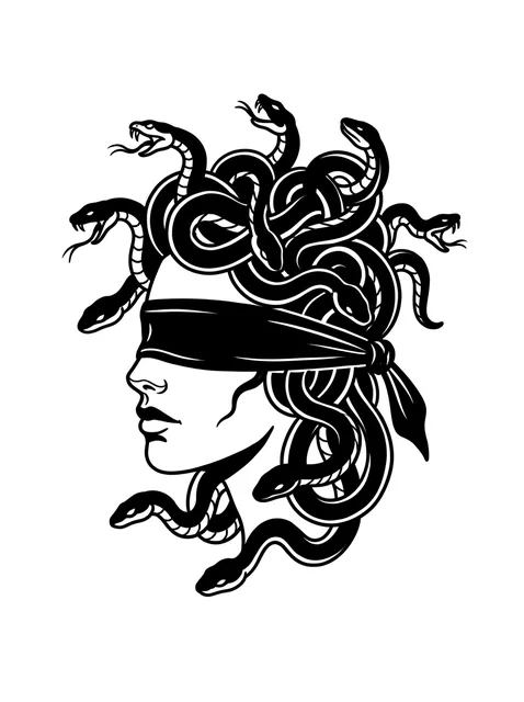Black and white blackwork medusa and snake tattoo design