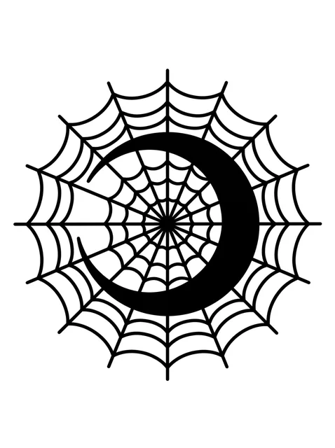 Black and white blackwork moon and web tattoo design: a crescent moon nestled within a spider web