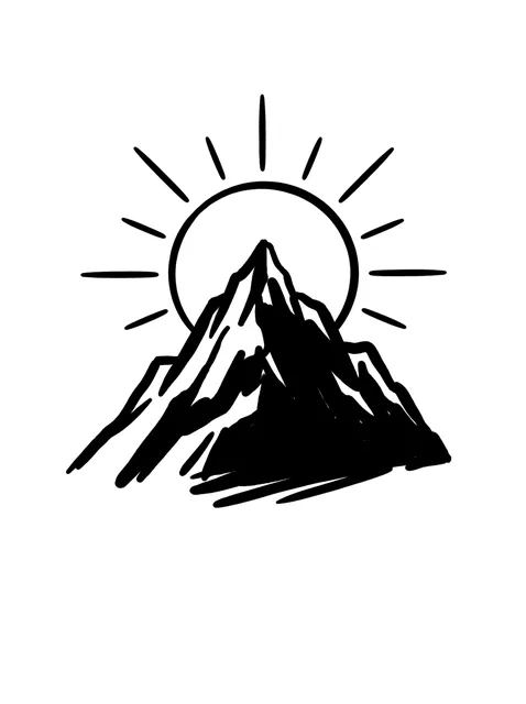 Black and white blackwork mountain and sun tattoo design