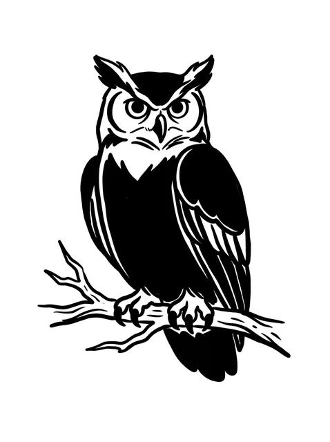 Black and white blackwork owl and bird tattoo design: a majestic owl perched on a branch