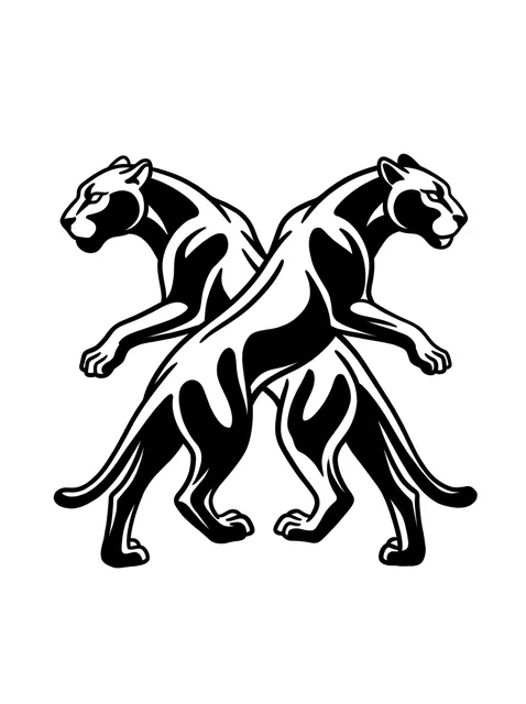 Black and white blackwork panther tattoo design: two panthers in a mirrored, symmetrical composition