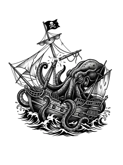 Black and grey blackwork pirate and octopus tattoo design