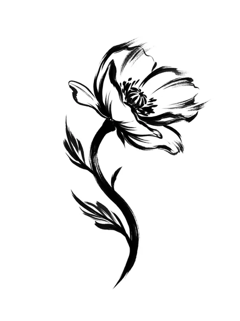 Black and white blackwork poppy tattoo design: a single bloom seen side