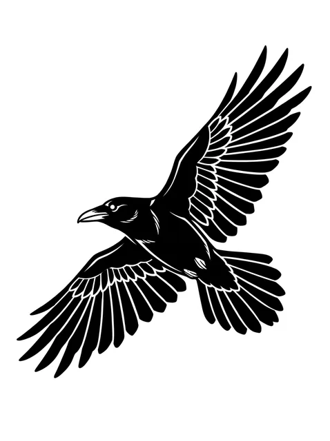 Black and white blackwork bird and raven tattoo design: a raven in full flight, wings outstretched