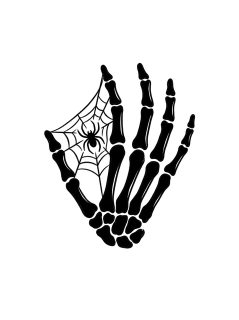Black and white blackwork skeleton hand and spider tattoo design