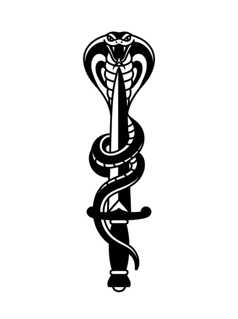 Black and white blackwork snake and dagger tattoo design