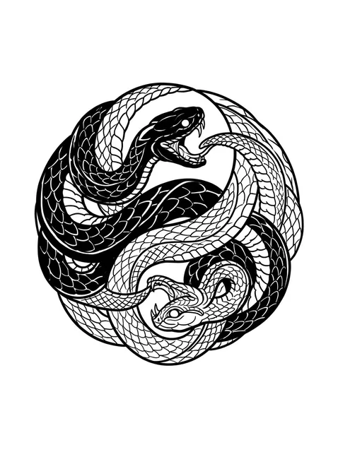 Black and white blackwork yin yang and snake tattoo design