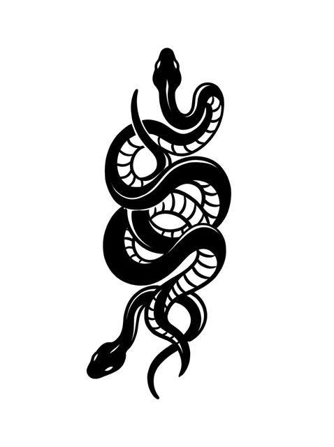 Black and white blackwork snake tattoo design: two intertwined snakes
