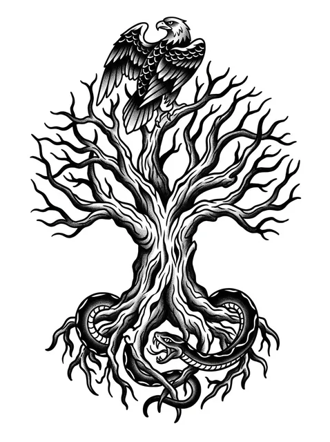 Black and grey blackwork snake and tree of life tattoo design