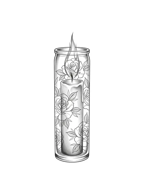 Black and grey chicano candle and rose tattoo design: a lit candle encased in a glass jar
